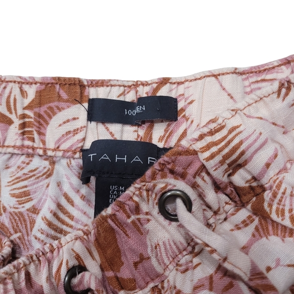 Tahari 100% Linen Tropical Leaf Printed Shorts Drawstring Pocket Brown Size M - Picture 4 of 4